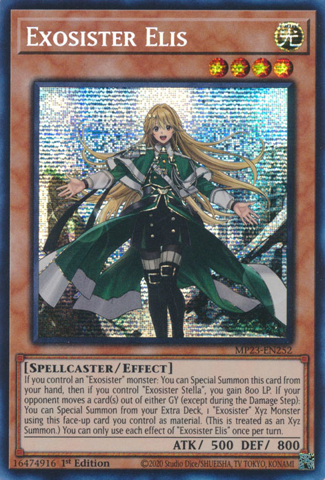 A Prismatic Secret Rare "Exosister Elis" card from the Yugioh Dueling Heroes Mega-Tin Mega Pack.