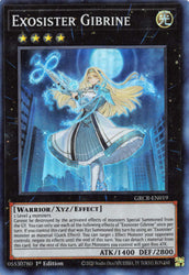  A Super Rare "Exosister Gibrine" card from the Yugioh Set: The Grand Creators.