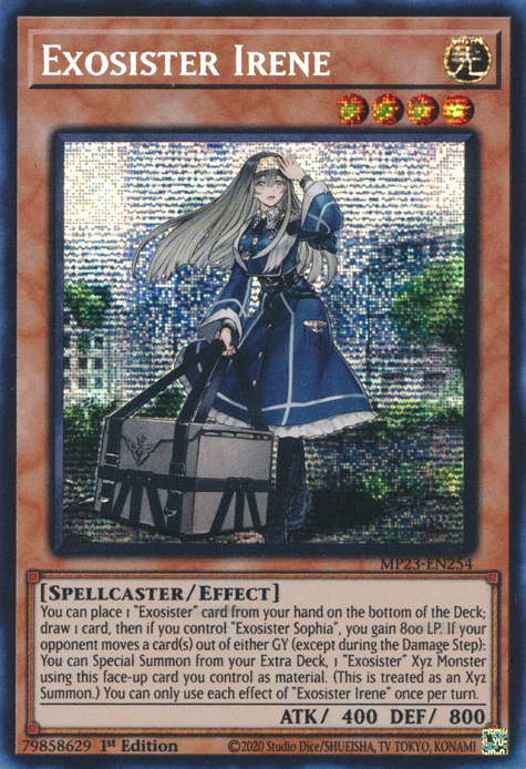 A Prismatic Secret Rare "Exosister Irene" card from the Yugioh Set: 25th Anniversary Tin: Dueling Heroes Mega-Tin Mega Pack. 