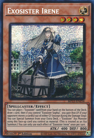 A Prismatic Secret Rare "Exosister Irene" card from the Yugioh Set: 25th Anniversary Tin: Dueling Heroes Mega-Tin Mega Pack. 