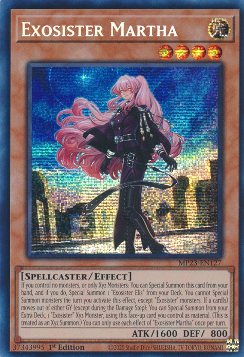 A Prismatic Secret Rare "Exosister Martha" card from the Yugioh 25th Anniversary Tin: Dueling Heroes set (MP23).