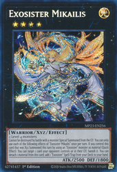 A Prismatic Secret Rare "Exosister Mikailis" card from the Yugioh Dueling Heroes Mega-Tin Mega Pack.