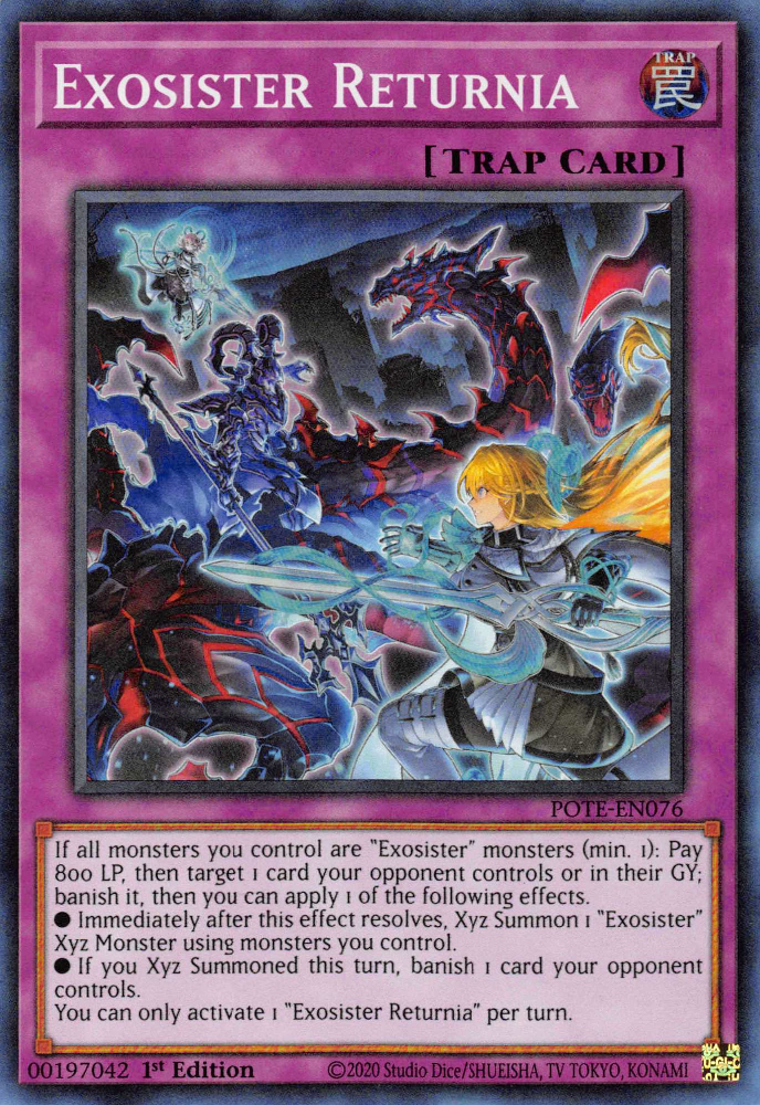 A Super Rare "Exosister Returnia" card from the Yugioh Set: Power of the Elements (POTE).