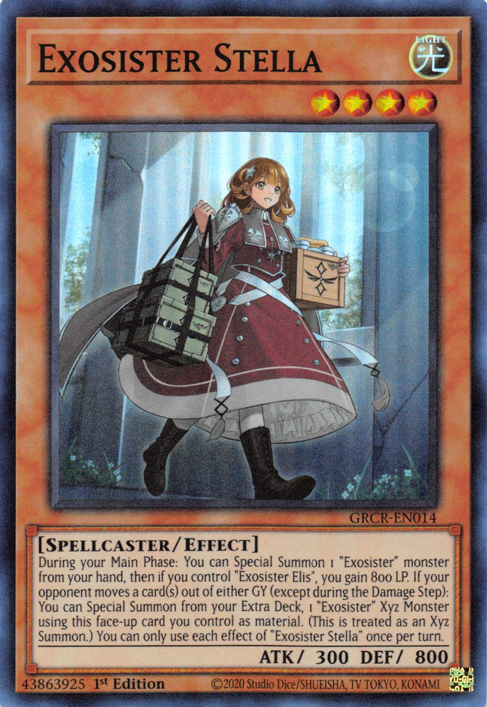  A Super Rare "Exosister Stella" card from the Yugioh Set: The Grand Creators.