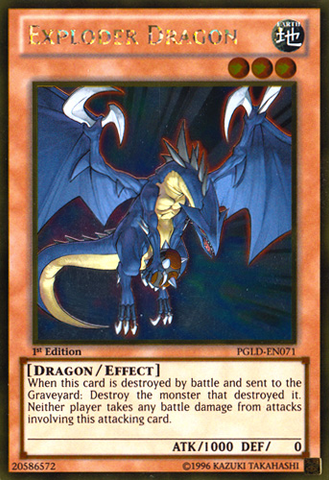A Gold Rare "Exploder Dragon" card from the Yugioh Set: Premium Gold (PGLD).