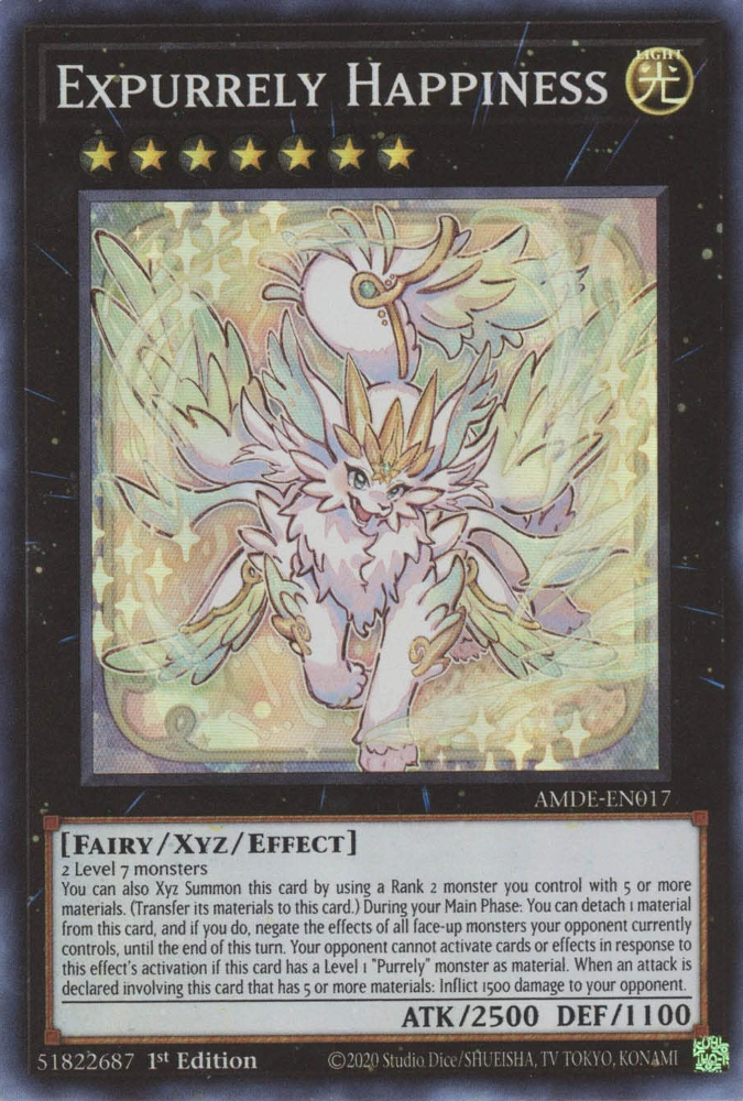 A Super Rare "Expurrely Happiness" card from the Yugioh Set: Amazing Defenders.