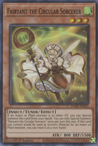 A Super Rare "Fairyant the Circular Sorcerer" card from the Yugioh Set: Photon Hypernova (PHHY).