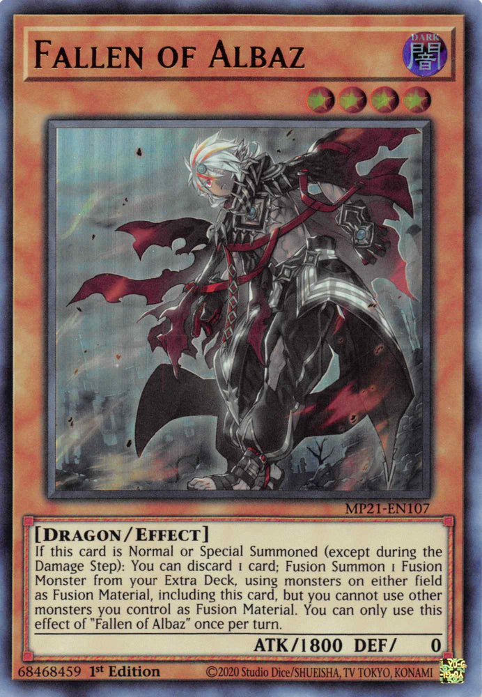  An Ultra Rare "Fallen of Albaz" card from the Yugioh 2021 Tin of Lost Memories.