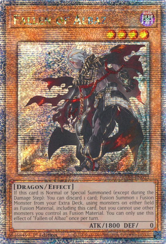 A Quarter Century Secret Rare "Fallen of Albaz" card from the Yugioh Set: Rarity Collection 1 (RA01).