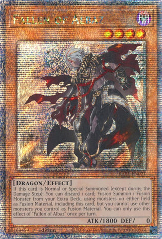 A Quarter Century Secret Rare "Fallen of Albaz" card from the Yugioh Set: Rarity Collection 1 (RA01).