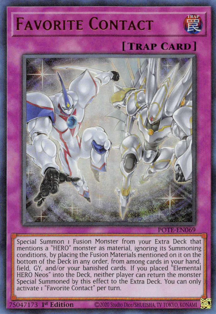 An Ultra Rare "Favorite Contact" card from the Yugioh Set: Power of the Elements (POTE).