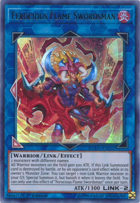 An Ultra Rare "Ferocious Flame Swordsman" card from the Yugioh Set: Duel Overload (DUOV).