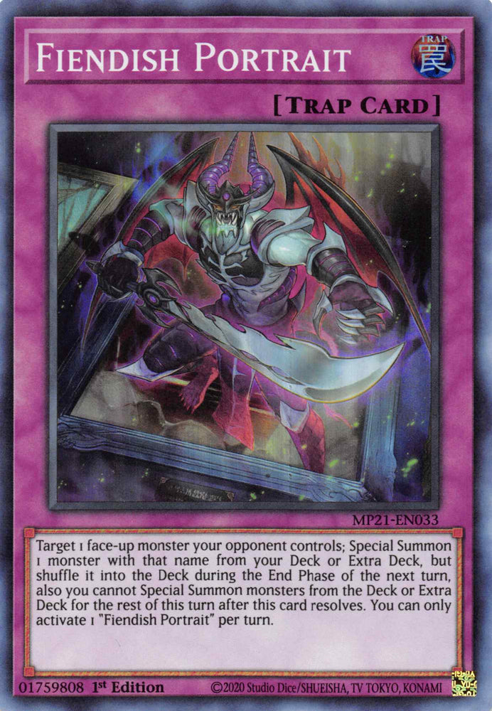  A Super Rare "Fiendish Portrait" card from the Yugioh 2021 Tin of Lost Memories.