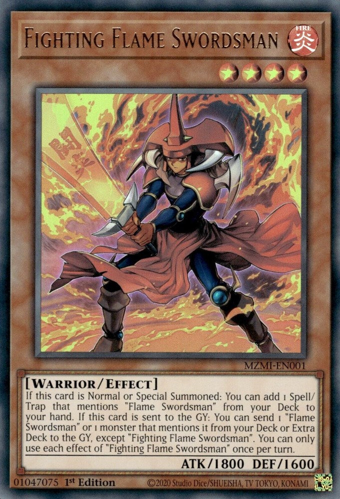 An Ultra Rare "Fighting Flame Swordsman" card from the Yugioh Set: Maze of Millennia (MZMI).