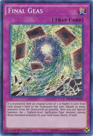A Secret Rare "Final Geas" card from the Yugioh Set: The Dark Side of Dimensions Movie Pack: Secret Edition (MVP1).