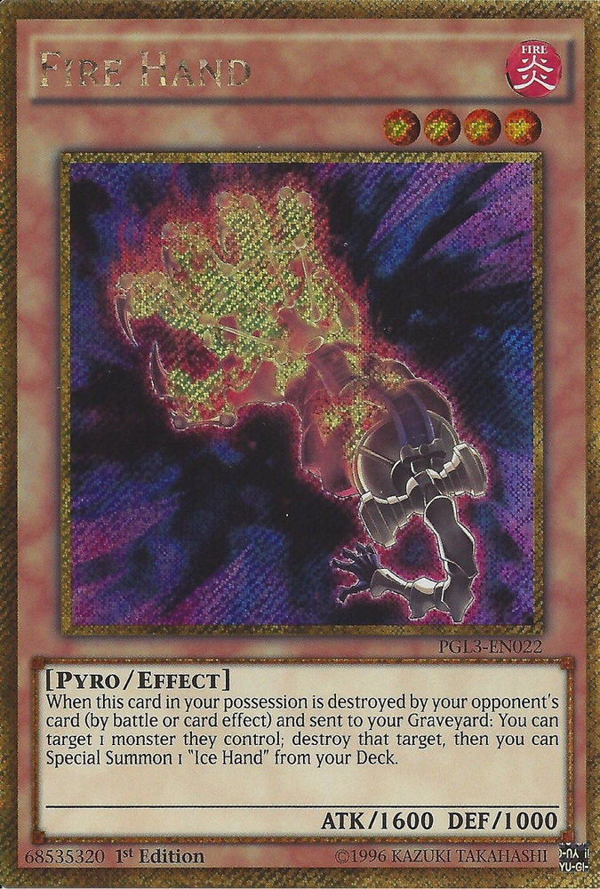 A Gold Secret Rare "Fire Hand" card from the Yugioh Set: Premium Gold: Infinite Gold (PGL3).