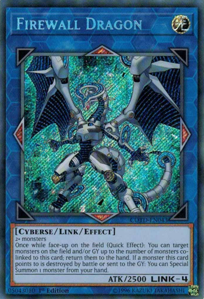 A Secret Rare "Firewall Dragon" card from the Yugioh Set: Code of the Duelist.