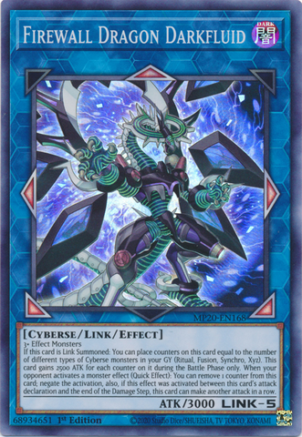 A Super Rare "Firewall Dragon Darkfluid" card from the Yugioh 2020 Tin of Lost Memories set.