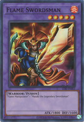 A Super Rare 25th Anniversary "Flame Swordsman" card from the Yugioh Set: The Legend of Blue-Eyes White Dragon (LOB).