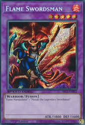 A Secret Rare "Flame Swordsman" card from the Yugioh Set: Speed Duel: Streets of Battle City (SBC1).