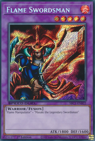 A Secret Rare "Flame Swordsman" card from the Yugioh Set: Speed Duel: Streets of Battle City.