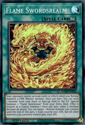 A Super Rare "Flame Swordsrealm" card from the Yugioh Set: Maze of Millennia.