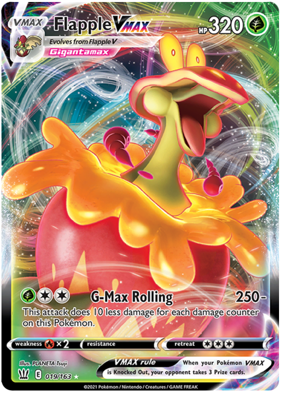 An Ultra Rare "Flapple Vmax" (019/163) card from the Pokemon Set: Sword & Shield: Battle Styles.