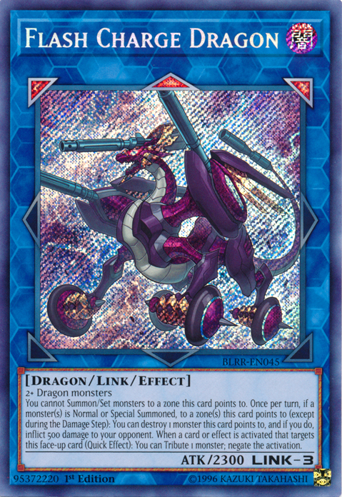 A Secret Rare "Flash Charge Dragon" card from the Yugioh Set: Battles of Legend: Relentless Revenge.