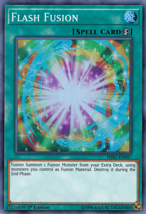 A Super Rare "Flash Fusion" card from the Yugioh Set: The Hidden Summoners (HISU).