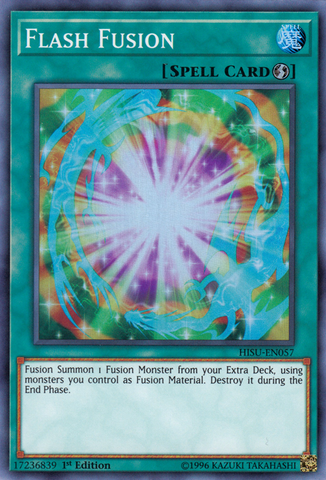 A Super Rare "Flash Fusion" card from the Yugioh Set: The Hidden Summoners (HISU).