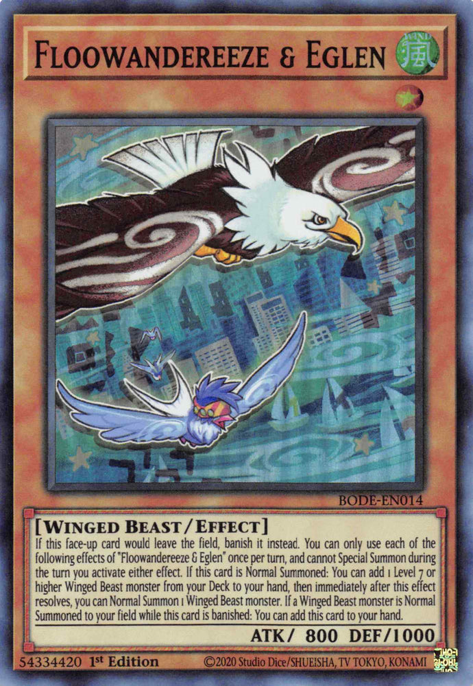  A Super Rare "Floowandereeze & Eglen" card from the Yugioh Set: Burst of Destiny.