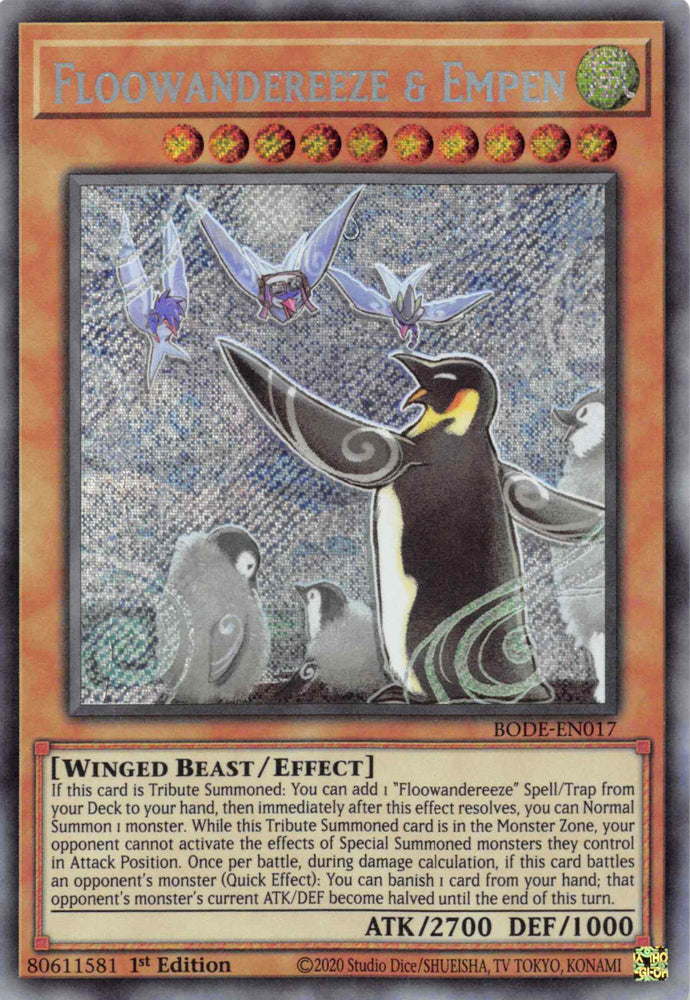 A Secret Rare "Floowandereeze & Empen" card from the Yugioh Set: Burst of Destiny.