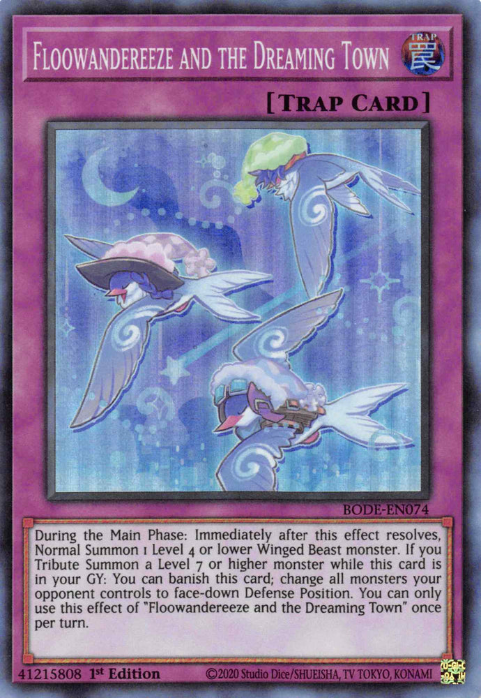  A Super Rare "Floowandereeze and the Dreaming Town" card from the Yugioh Set: Burst of Destiny (BODE).