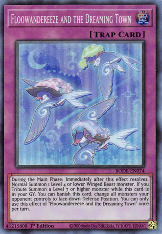  A Super Rare "Floowandereeze and the Dreaming Town" card from the Yugioh Set: Burst of Destiny (BODE).