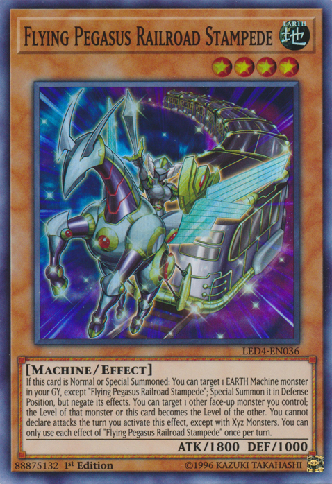 A Super Rare "Flying Pegasus Railroad Stampede" card from the Yugioh Set: Legendary Duelists: Sisters of the Rose (LED4).