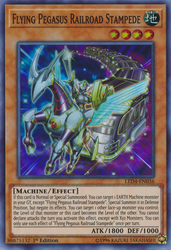 A Super Rare "Flying Pegasus Railroad Stampede" card from the Yugioh Set: Legendary Duelists: Sisters of the Rose (LED4).