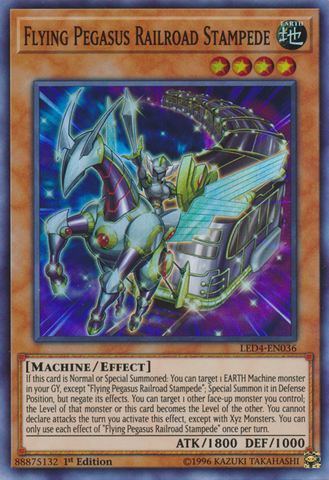 A Super Rare "Flying Pegasus Railroad Stampede" card from the Yugioh Set: Legendary Duelists: Sisters of the Rose (LED4).