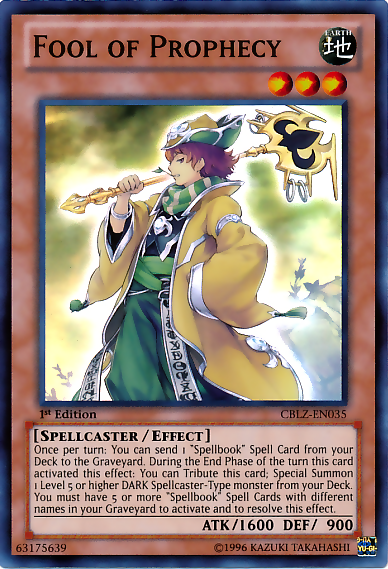 A Super Rare "Fool of Prophecy" card from the Yugioh Set: Cosmo Blazer (CBLZ).