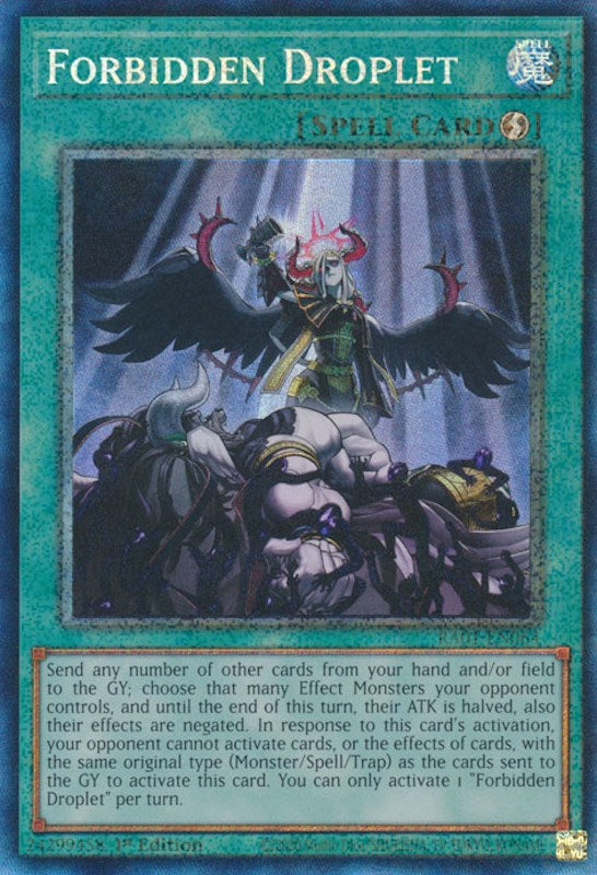A Prismatic Collector's Rare "Forbidden Droplet" card from the Yugioh Set: Rarity Collection 1 (RA01).