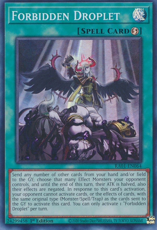 A Super Rare "Forbidden Droplet" card from the Yugioh Set: Rarity Collection 1 (RA01). 