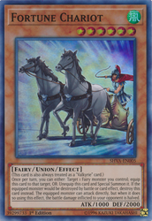 A Super Rare "Fortune Chariot" card from the Yugioh Set: Shadows in Valhalla.