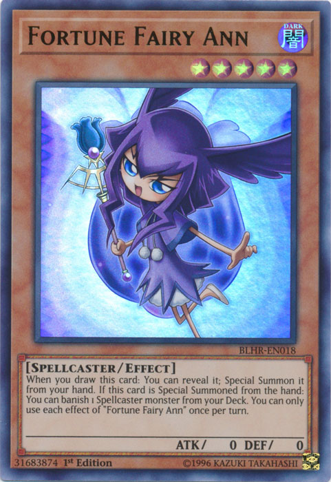 An Ultra Rare "Fortune Fairy Ann" card from the Yugioh Set: Battles of Legend: Hero's Revenge (BLHR).
