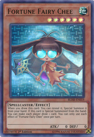 An Ultra Rare "Fortune Fairy Chee" card from the Yugioh Set: Battles of Legend: Hero's Revenge (BLHR).