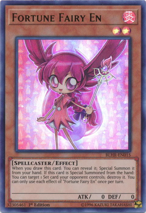 An Ultra Rare "Fortune Fairy En" card from the Yugioh Set: Battles of Legend: Hero's Revenge (BLHR).