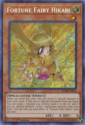 A Secret Rare "Fortune Fairy Hikari" card from the Yugioh Set: Battles of Legend: Hero's Revenge (BLHR).