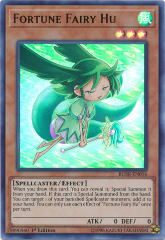 An Ultra Rare "Fortune Fairy Hu" card from the Yugioh Set: Battles of Legend: Hero's Revenge (BLHR).