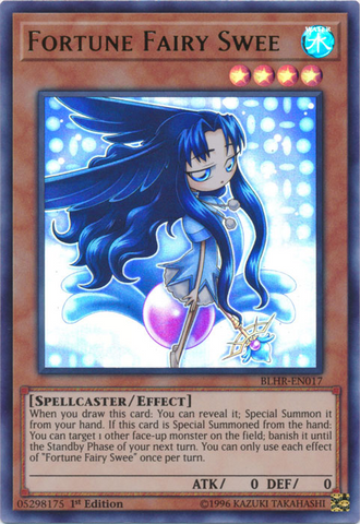 An Ultra Rare "Fortune Fairy Swee" card from the Yugioh Set: Battles of Legend: Hero's Revenge (BLHR).