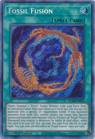 A Secret Rare "Fossil Fusion" card from the Yugioh Set: Battles of Legend: Armageddon.