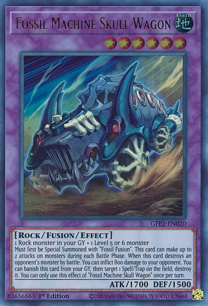 An Ultra Rare "Fossil Machine Skull Wagon" card from the Yugioh Set: Ghosts From the Past: The 2nd Haunting (GFP2).