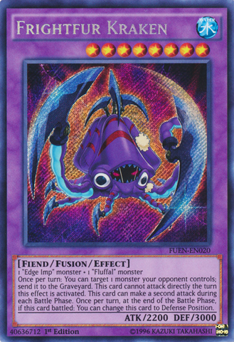 A Secret Rare "Frightfur Kraken" card from the Yugioh Set: Fusion Enforcers.